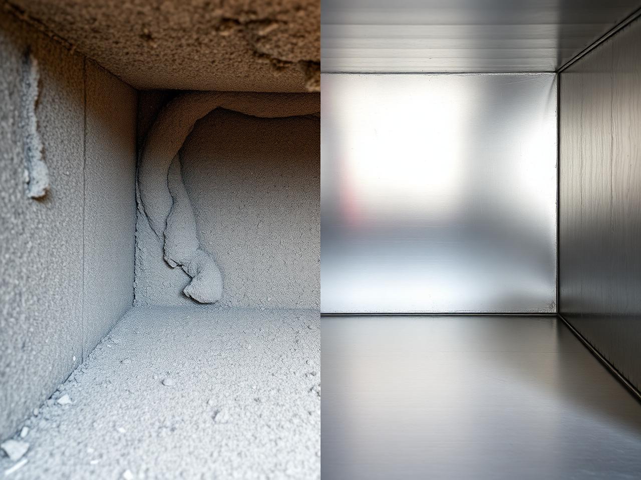 Inside of an air duct — dusty and debris-covered on the left, spotlessly clean metal on the right